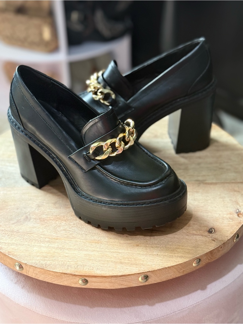 Madden Girl Black Platform Loafers with Gold Chain Accent